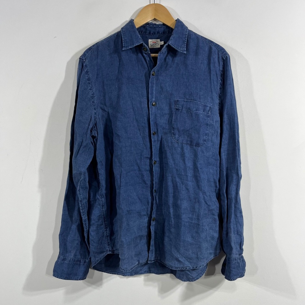 Faherty Brand Preppy Blue 100% Linen Old Money Button Down Shirt Mens Medium